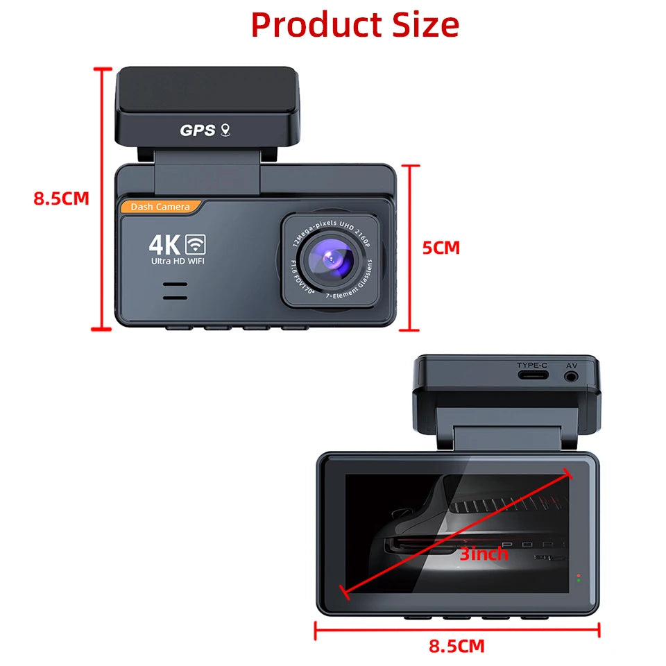 Dashcam 4K Mini Car Dvr Video Recorder with GPS WIFI Support Dual Lens 1080P Rearview Camera Night Vision Black Box 24H Parking