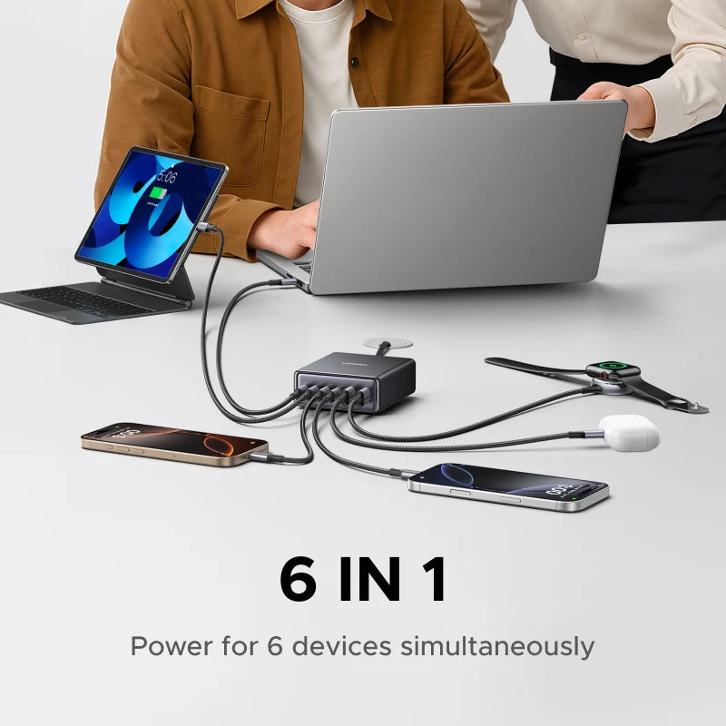 100W 65W Gan Charger 6 in 1 Desktop Laptop Fast Charger for Iphone17 16 15 Pro Max Xiaomi Samsung Tablet Macbook Air Ipad