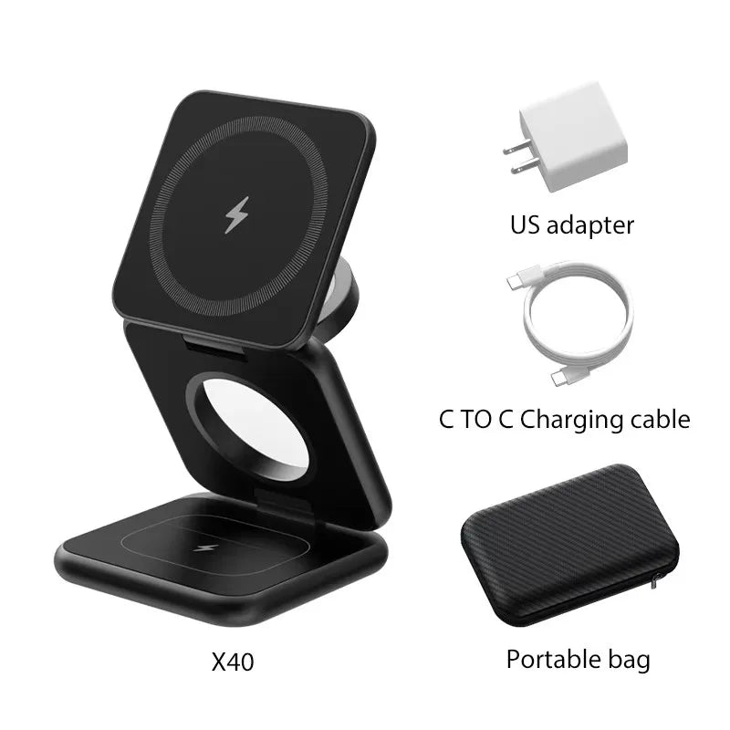 KUXIU X40 3 in 1 Foldable Magnetic Wireless Charger Stand for Iphone 17 16 15 14 13Pro/Max/Plus, Airpods 4/3/2 , Iwatch Series