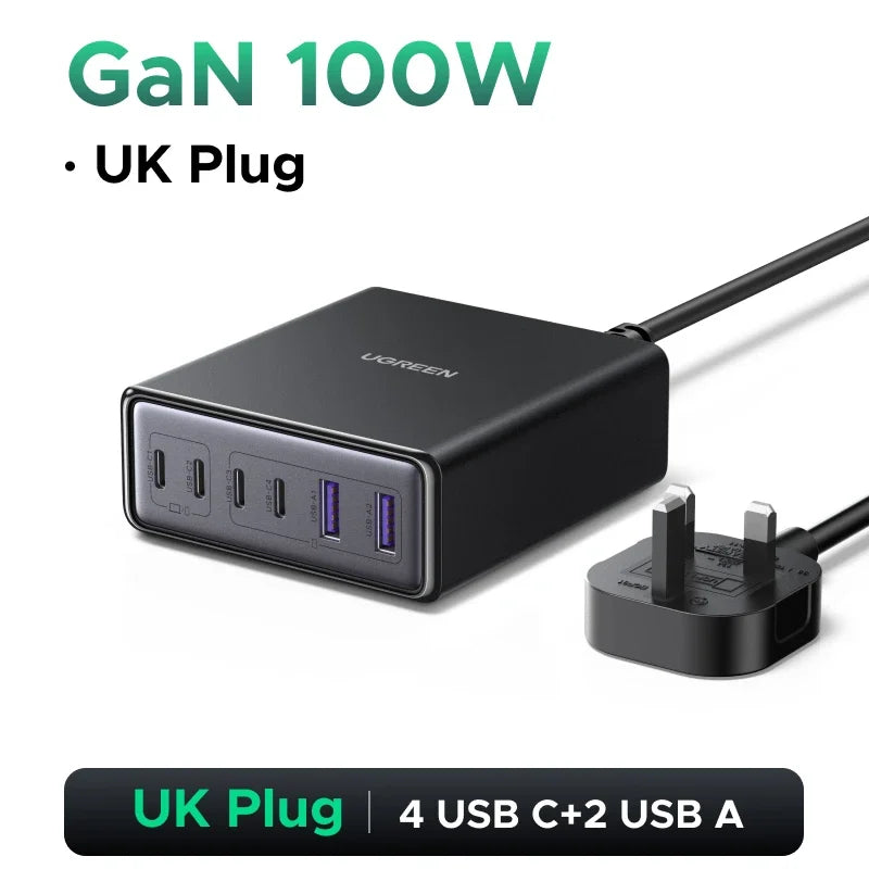 100W 65W Gan Charger 6 in 1 Desktop Laptop Fast Charger for Iphone17 16 15 Pro Max Xiaomi Samsung Tablet Macbook Air Ipad