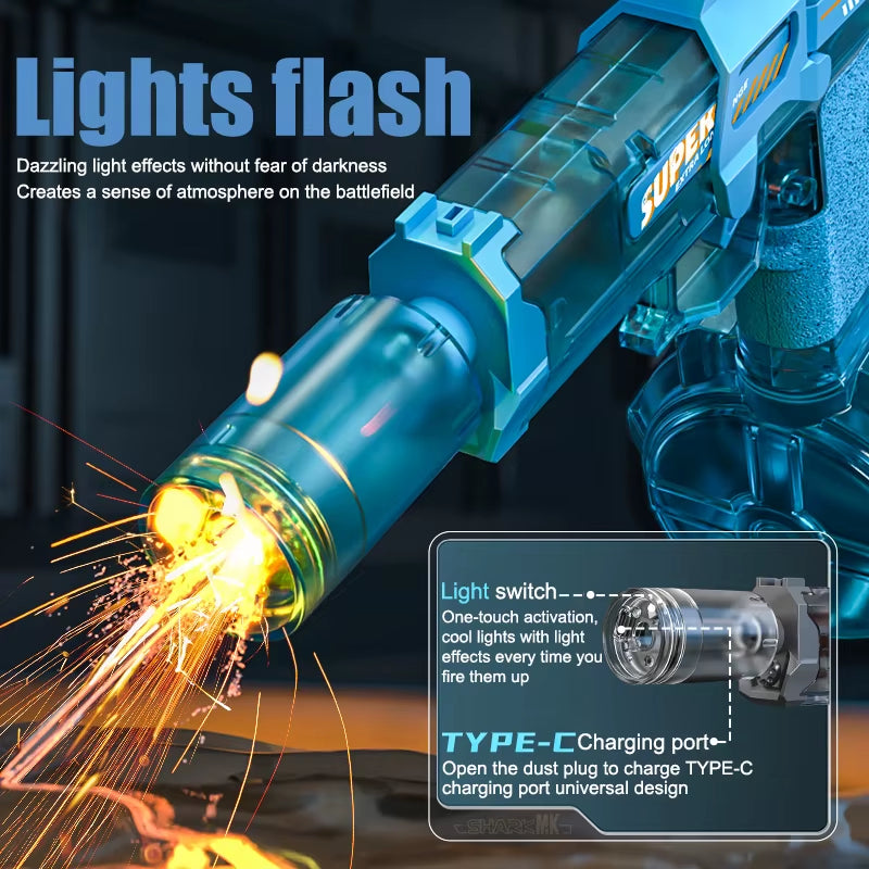 Electric Water Gun with Light Sprays Flame Effect Continuously High-Pressure High-Speed Powerful Outdoor Water Gun Toys for Kid