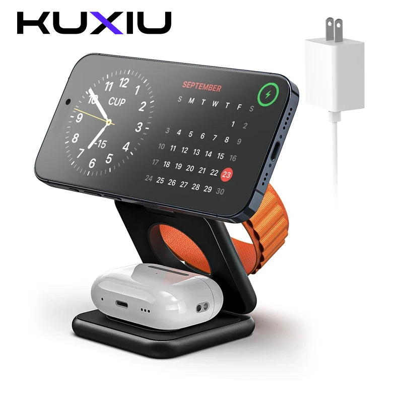 KUXIU X40 3 in 1 Foldable Magnetic Wireless Charger Stand for Iphone 17 16 15 14 13Pro/Max/Plus, Airpods 4/3/2 , Iwatch Series