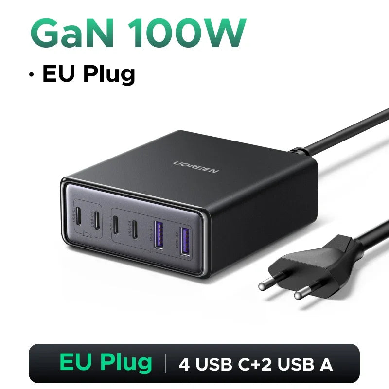 100W 65W Gan Charger 6 in 1 Desktop Laptop Fast Charger for Iphone17 16 15 Pro Max Xiaomi Samsung Tablet Macbook Air Ipad