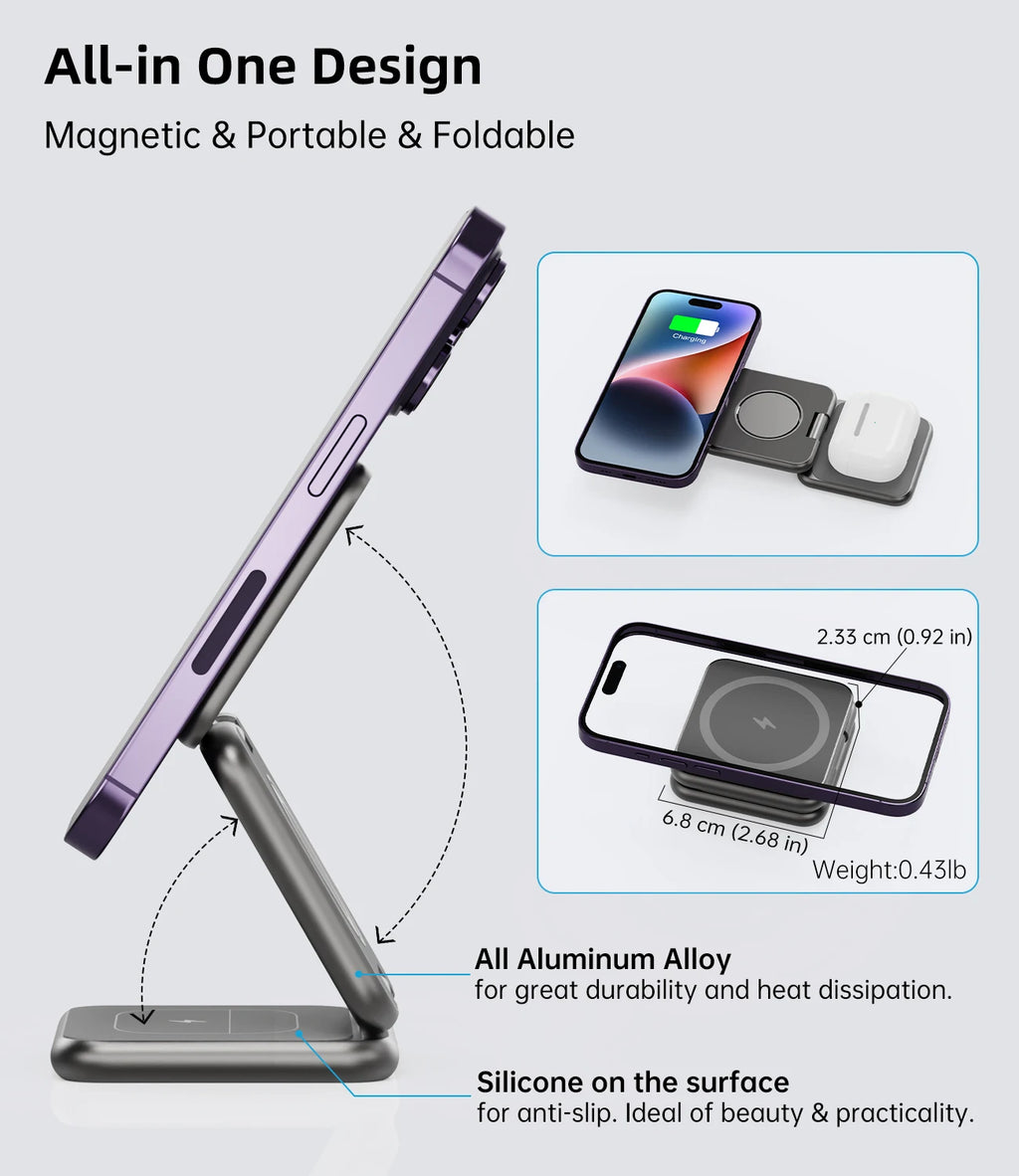 KUXIU X40 3 in 1 Foldable Magnetic Wireless Charger Stand for Iphone 17 16 15 14 13Pro/Max/Plus, Airpods 4/3/2 , Iwatch Series