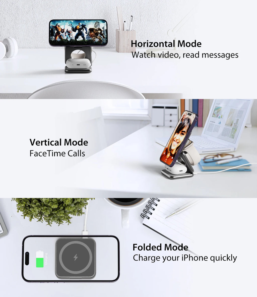 KUXIU X40 3 in 1 Foldable Magnetic Wireless Charger Stand for Iphone 17 16 15 14 13Pro/Max/Plus, Airpods 4/3/2 , Iwatch Series