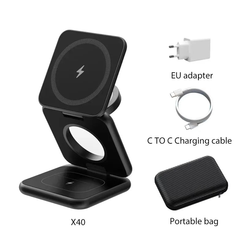 KUXIU X40 3 in 1 Foldable Magnetic Wireless Charger Stand for Iphone 17 16 15 14 13Pro/Max/Plus, Airpods 4/3/2 , Iwatch Series
